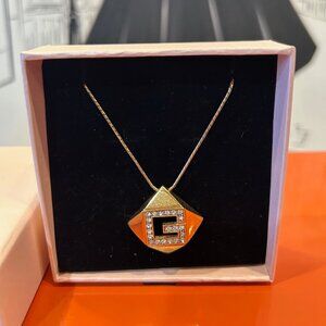 Vintage Givenchy "G" Logo Pendant Necklace w Rhinestone Crystals